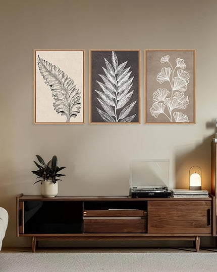 HOURIA Abstract Boho Fern Leaf Floral Framed Canvas Wall Art Set,Vintage Botanical Leaves Wildflower Decor,Modern Minimalist Nature Inspired Beige & Brown Artwork for Living Room,Farmhouse-16 x24 x3