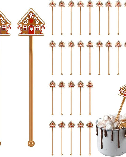 30 Pcs Christmas Drink Stirrers Xmas Stir Stick Holiday Coffee Swizzle Stick Reusable Plastic Hot Cocoa Bar Chocolate Decoration Cocktail Mixer(Gingerbread House,Novel Color)