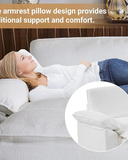 VINGLI 156" Cloud Corduroy Sectional Sofa, Comfy L-Shaped Extra Deep Seat Sofa Couch for Living Room,Modern 4-Seat Convertible Loveseat Sofa with Ottoman for Small Space(White)