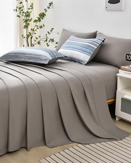 KAKIJUMN 7 Piece Bed in a Bag Stripe Comforter Set Queen Size, White Grey Blue Patchwork Striped Comforter and Sheet Set, All Season Soft Microfiber Complete Bedding Set(Light Blue,Queen)