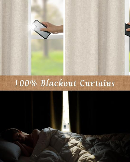 LAMIT Oatmeal 100% Blackout Linen Curtains, 63 Inches Linen Textured Thermal Bedroom Curtains Back Tab and Rod Pocket Neutral Panels with White Liner for Farmhouse, 2 Panels, 38 x 63 Inch
