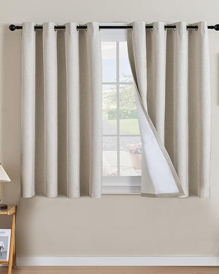 H.VERSAILTEX Linen Curtains 100% Blackout Curtains for Bedroom 45 inch Long Full Light Blocking Nature Linen Blended Window Curtains for Living Room Nickel Grommet (2 Panels, Heathered Linen)