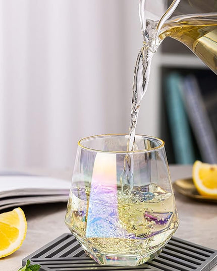 XKXKKE Diamond Wine Glasses Set of 4, 10 OZ Modern Stemless Gold Rim Glass Cups Iridescent Drinking Glassware for Serving Party, Home, Bar, Restaurants, Gift, Rainbow Tumbler, Colorful 4 Pack