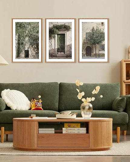 HOURIA Large Vintage Italy City Landscape Framed Canvas Wall Art Set,Green Olive Tree Old House Wall Decor,Malta Modern Minimalist Country Farmhouse Art Print for Living Room,Bedroom,Office- 24"x36"x3