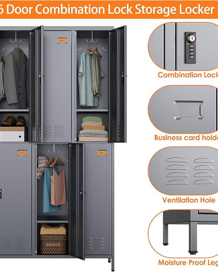 Aobabo Combination Lock Metal Storage Locker for Employees, 6 Doors Lockable Storage Locker with 18 Hooks for Office Gym School, Dark Grey, Assembly Required