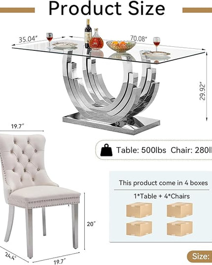 Henf 5-Piece Dining Table Set with 4 Upholstered Dining Chairs, Large Dining Table and Chair Set for 4, Modern Glass Kitchen Table Furniture for Dining Room, Glass Top and Stainless Steel Pesestal