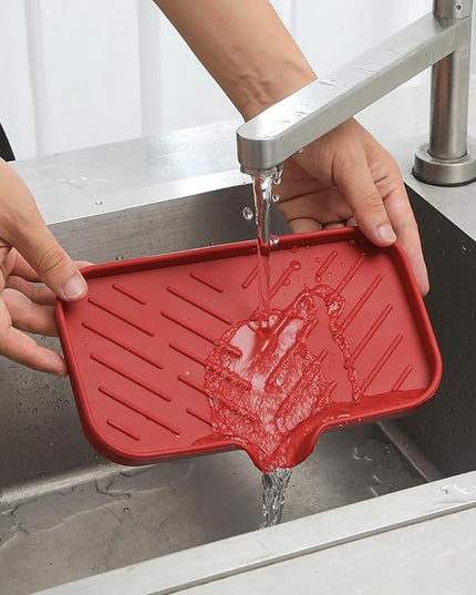 Silicone Bathroom Soap Dishes with Drain Spout-Bathroom and Kitchen Sink Organizer,Sponge Holder,Dish Soap Tray,Perfect for Dispenser,Scrubber,Bottle,Cup on Sink or Counter-Red 9.6"×5.3"