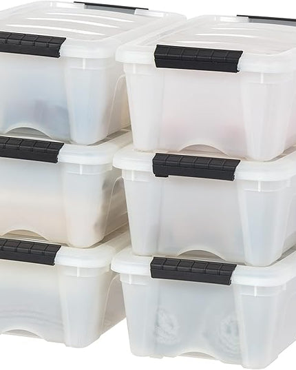 IRIS USA 13 QT Plastic Storage Box with Lid and Latches - 6 Pack - BPA-Free, Discreet Organizing Solution, Durable Nestable Stackable Containers, Secure Pull Handle - Pearl