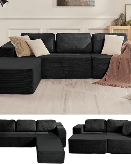 Loveseat Sofa, Cloud Modular Sofa Couch, Upholstered Floor Sofa with Deep Seat, Upholstered Foam Couch for Bedroom Living Room, No Assembly Required (Corduroy Fabric, Black)