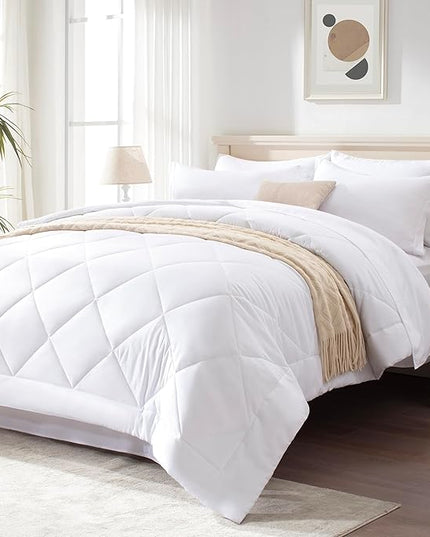 Love's cabin Full Comforter Set White, 7 Pieces Full Bed in a Bag, All Season Bedding Sets with 1 Comforter, 1 Flat Sheet, 1 Fitted Sheet, 2 Pillowcase and 2 Pillow Sham