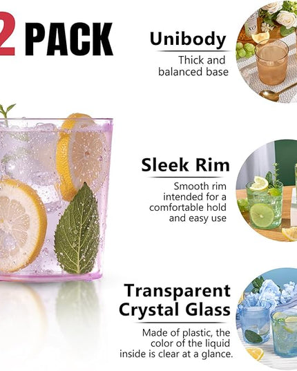 Liacere Color Plastic Drinking Glasses (Set of 12) 14 oz Color Reusable Plastic Glasses Colors，Kitchen Water Glasses Cup, Bar Tumbler Glassware Set for Beer, Juice, Cocktail, Whiskey, Milk