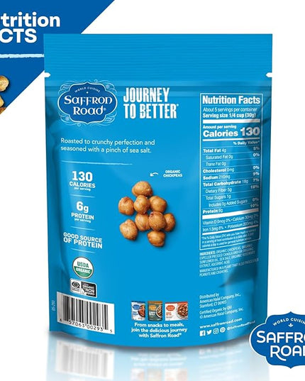 Saffron Road Organic Roasted Sea Salt Crunchy Chickpeas | High-Protein, Vegan, Gluten-Free, Non-GMO, Halal & Kosher Certified Snack | 5.4 oz Resealable Pouch | Pack of 6