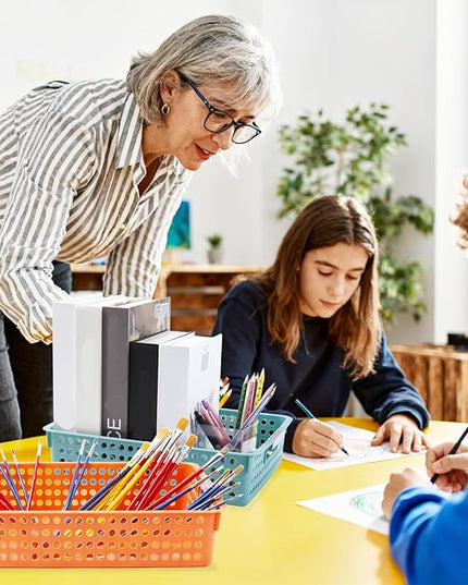 4 Pack Classroom Paper Trays, Turn in trays Classroom, Colorful Storage Bin Basket, Plastic Storage Baskets with Handles, Paper Trays for Classroom Organization, Library, Drawers, Office