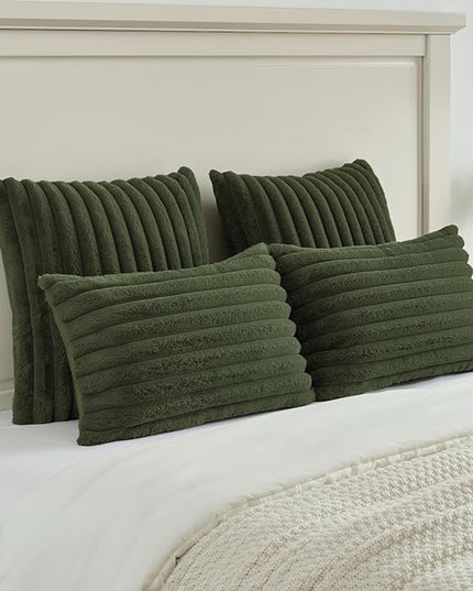 FUTEI Olive Green Throw Pillow Covers Set of 2, 28x28 Inch Striped Texture Euro Pillow Shams with Soft Faux Rabbit Fur Front & Velvet Back, Modern Decorative Couch Pillows for Living Room