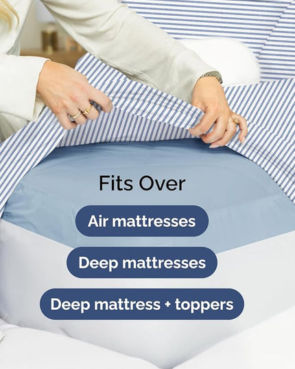 Extra Deep Full Sheet Set - 6 Piece Breathable and Cooling Sheets - Hotel Luxury Bed Sheets Set - Easy Fit - Soft, Wrinkle Free and Comfy Sheets Set - Blue Striped Sheet Set with Extra Deep Pockets