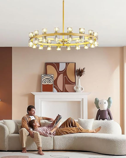 36-Light Large Gold Chandeliers for High Ceilings, 36 Inch Modern Crystal Wagon Wheel Chandelier, Farmhouse Industrial Round Chandelier Pendant Lighting Fixture for Dining Living Room Kitchen
