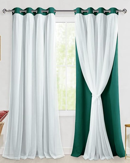Hiasan Blackout Curtains with Sheer Overlay, Mix Match Thermal Insulated Sun Blocking Grommet Window Curtains for Christmas,Living Room,Kids Room, 2 Drape Panels with Tiebacks, Hunter Green, 52W X 96L