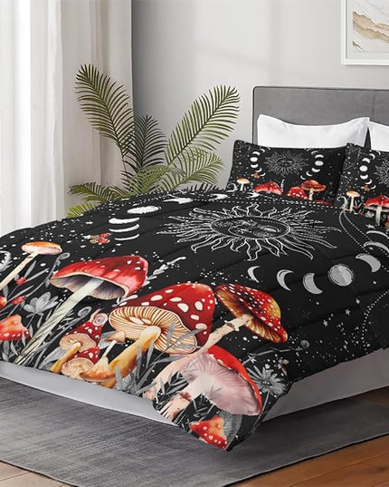 King Size Comforter Set with 2 Pillowcases, Sun Moon Boho Mushroom 3 Pcs Bedding for Kids and Adults, Astrology Tarot Witch Soft Comforter Set for Bedroom Bed Decor