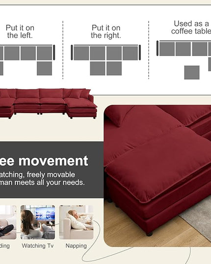 Modular Sectional Sofa,143.31'' Modern Sofa Sleeper Couch,Comfy Cloud Couches with 4 Seat & 2 Ottoman & 4 Pillows Sofa Set,Deep Seat Sofa with Movable Ottoman for Living Room,Chenille (Red, U Shaped)