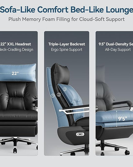 M80A Dual Motor Electric Executive Office Chair with Footrest, Comfortable Reclining Office Chair Wide Seat, Big and Tall Ergonomic Leather Home Office Desk Chair (Black,No Massage)