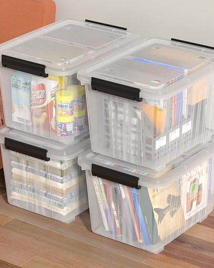 Obstnny 50 L Clear Plastic Storage Bins with Wheels, Large Lidded Organizer Boxes, 4 Pack