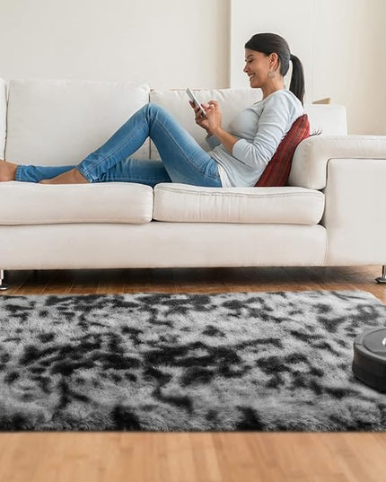 Ophanie Tie-Dyed Black&Grey Area Rugs for Bedroom Living Room, Fluffy Shag Fuzzy Carpet, Plush Shaggy Rug, 4x6 Indoor Carpet for Kids Boys Dorm Home Decor Aesthetic, Nursery