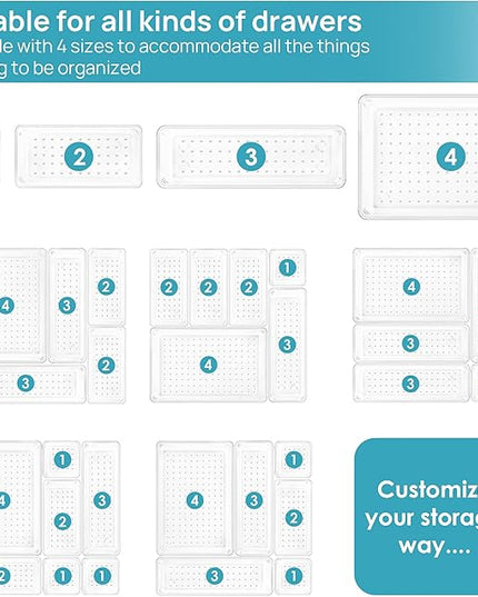 Vtopmart 25 PCS Clear Plastic Drawer Organizers Set, 4-Size Versatile Bathroom and Vanity Drawer Organizer Trays, Storage Bins for Makeup, Bedroom, Kitchen Gadgets Utensils and Office