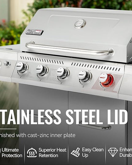 Royal Gourmet 5-Burner Propane Gas Grill with Side Burner, Stainless Steel Barbeque Grills, Silver, GA5404S