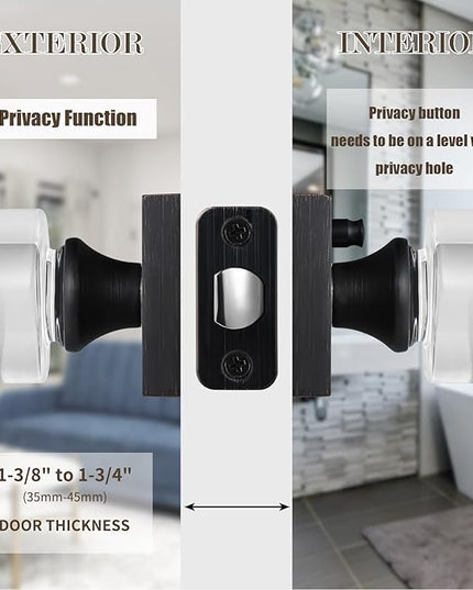 Glass Door Knobs Interior, Pricacy Bedroom Door Knobs with Lock, Square Vintage Style Crystal Door Handles for Bathroom, Oil Rubbed Bronze