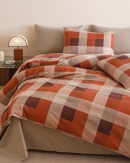 Luxlovery Checkered Red Comforter Set King Gingham Bedding Set Women's Bedding Grid Bedding Set Fluffy Soft Cottagecore Khaki and Brick Red Blanket Quilts with 2 Pillowcases King Bed