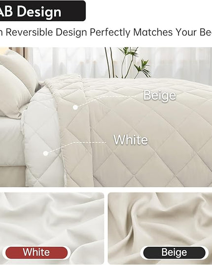 MUXHOMO 5 Pieces Twin XL Comforter Set, Reversible Bed in a Bag Twin XL Size, All Season Bedding Set with Comforter, Flat Sheet, Fitted Sheet, Pillowcases & Shams, Beige & White