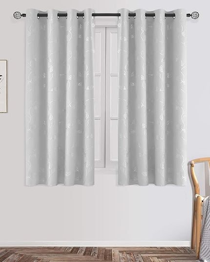 BUHUA Room Darkening Curtains 63 Inch Length, Window Treatments for Living Room Grommet Curtains with Silver Leaf Foil Design (52 x 63 Inch,Greyish White,Set of 2)