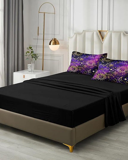 Merryword 8 Pieces Universe Bed in a Bag Sun and Moon Comforter Set Full Size Galaxy Bedding Purple Gold Moon Star Pattern Bohemian Gothic Comforter Set for Boys Girls Women