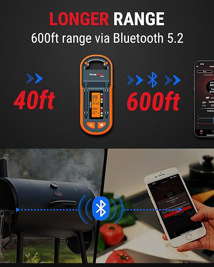 ThermoPro TempSpike Plus 600ft Wireless Meat Thermometer with 2 Color-Coded Probes, Bluetooth Meat Thermometer Wireless with LCD-Enhanced Booster for Food Cooking Grill Smoker