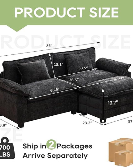 86" Modular Sectional Sofa, Comfy Cloud Couch Sectional Sofa with Ottoman, Chenille Sofa Sleeper Deep Seat Sofa with Throw Pillows for Living Room (Black, 86"- L Shape)