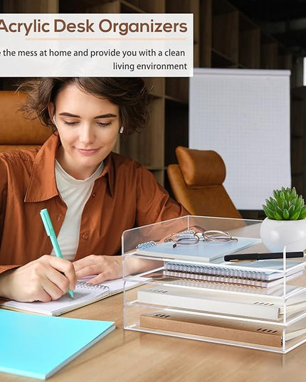 Harloon 4 Tier Acrylic Paper Tray 12.4 x 8.9 x 1.7 Inches Stackable Letter Clear Organizer No Need to Assemble Acrylic Paper Organizer File Tray for Office Workspace Desktop Storage(Transparent)