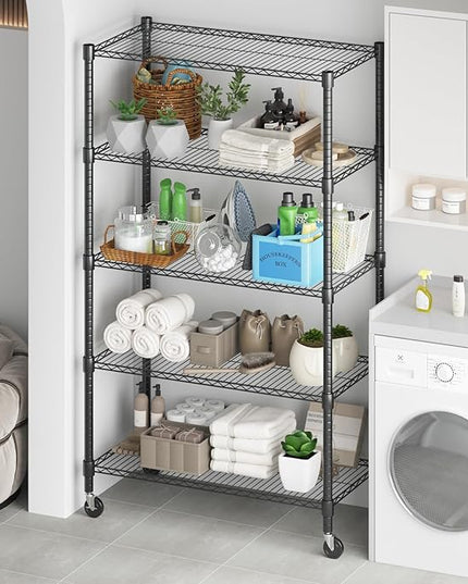 Himimi 5-Tier Heavy Duty Steel Wire Rack Storage Shelving, Adjustable Metal Storage Shelves with Wheels, 82''H Wire Shelf for Kitchen Garage Basement Pantry Organization, 18" D×36" W×82" H-Black