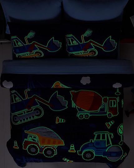 Full Size Comforter Set for Boys-7 Pieces Truck Tractor Excavator Glow in The Dark Full Bedding Sets for Kids, Ultra Soft Bed in A Bag with Sheets