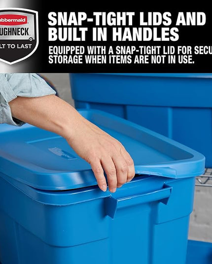 Rubbermaid Roughneck Tote 14 Gal, 6 Pack, Made in USA, Heritage Blue, Rugged Plastic Stackable Storage Bins with Lids and Handles
