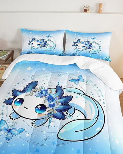 Cartoon Axolotl Comforter Twin Size,Cute Ocean Animal Bedding Set for Teens Girls Room Decor,Blue Comforter Set with 2 Pillowcases.