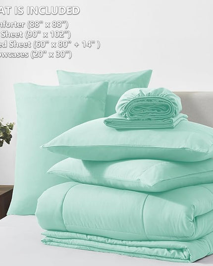 CozyLux Queen Comforter Set Mint Green, 7 Pieces Bed in a Bag, Green Comforter Queen Size, All Season Bedding Sets with Stitch Quilted Comforter, Flat Sheet, Fitted Sheet, Pillowcases