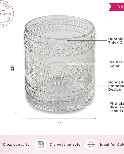 Hobnail Beaded Floral Clear Drinking Glasses Set of 6, (10 oz) Vintage Glassware Set by Kate Aspen| Cocktail Glass Set, Juice Glass, Water Cups | Great Hostess Gift & Gift for New Home Owners