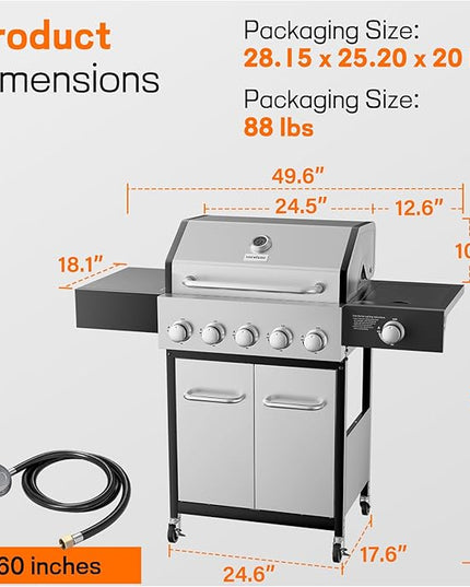 Veralune 5 Burner Propane Gas Grill with Side Burner & Porcelain-Enameled Cast Iron Grates, 68,000 BTU Output Professional Grade Stainless Steel Outdoor BBQ Grill for Backyard, Patio, Garden Cooking