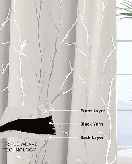 BUHUA White Black Out Curtains 72 Inch Long 2 Panels, Soundproof Curtains with Elegant Silver Tree Branches Print, Heat Blocking Curtains for Livingroom, 52W x 72L, Natural