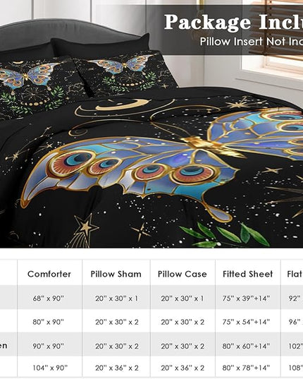 Comforter Set Twin Size, Gothic Butterfly Moon 5 Pcs Bedding for Kids and Adults, Botanical Plant Leaf Bed Sheet Sets with Fitted Sheet Pillowcase & Sham for Bedroom Bed Decor