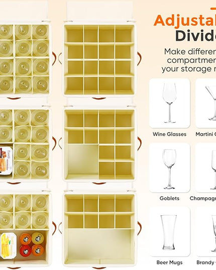 Wine Glass Storage Box with Dividers, 2 Pack Glassware Storage Containers, Stemware Storage Cases Holds 32 Wine Glasses, Stackable Crystal Storage Containers with Clear Cover for Moving，Beige