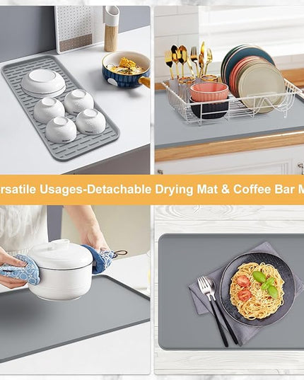 Silicone Coffee Mat,16'' x 16'' Coffee Bar Mat with Detachable Dish Drying Mat for Kitchen Countertops,Coffee Bar Accessories Fit Under Coffee Maker Coffee Machine Espresso Machine Dish Rack