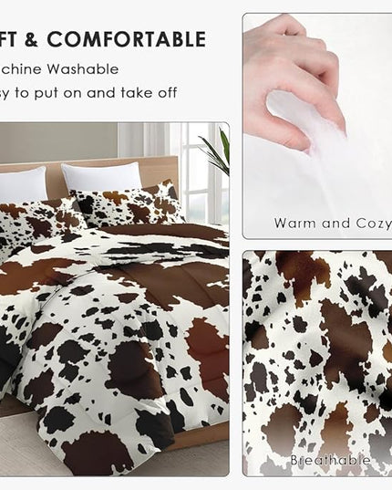 Twin Size Comforter Set with Pillowcase, Vintage Cow Brown Cowhide Animal Soft 2 Pcs Bedding for Kids and Adults Bedroom Bed Decor