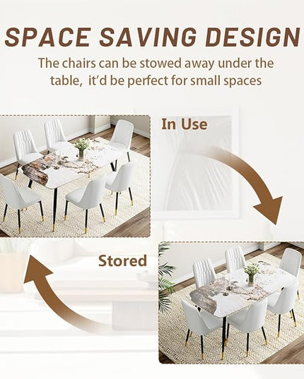 Modern Dining Set for 6, Sintered Stone Table Top, White Chairs, 62'' W x Unknown H x D, Dining Room