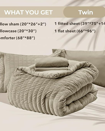 HYMOKEGE Linen Twin Comforter Set Seersucker 5 Pieces, All Season Luxury Bed in a Bag for Bedroom, Bedding Set with Comforter, Sheets, Pillowcase & Sham